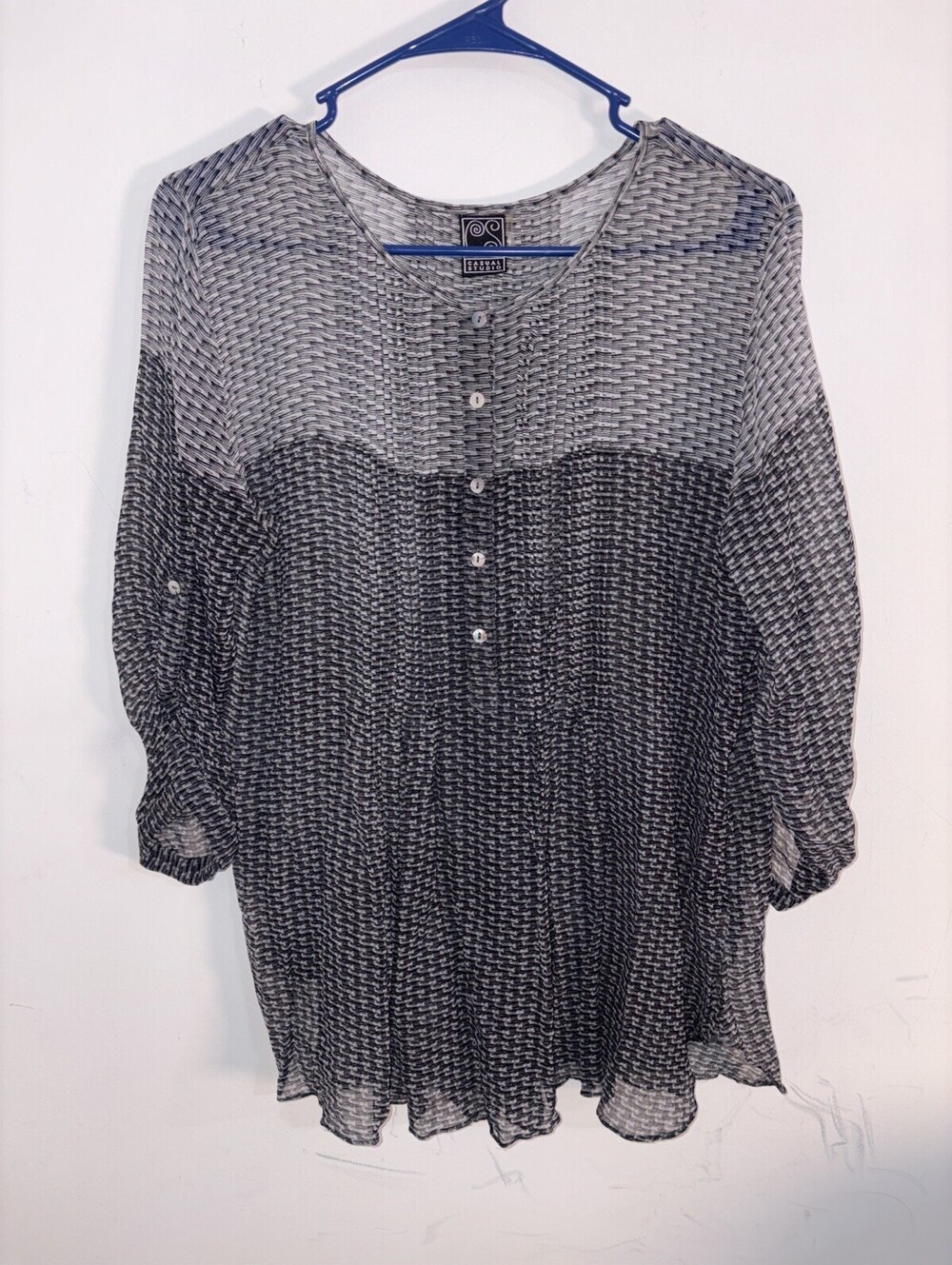 Casual Studio Tunic Blouse Large Black White Grid Sheer Pintuck Button NWOT